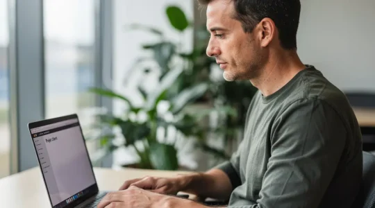 Freelance consultant sa capacité d'emprunt sur ordinateur portable dans un espace de coworking lumineux