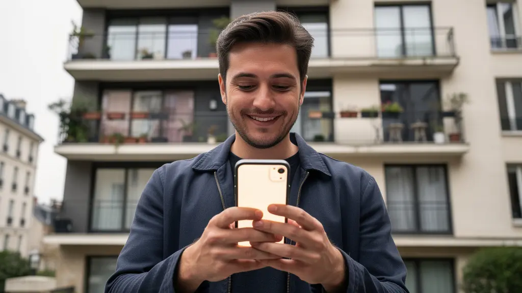 Freelance consultant une notification de prêt sur son smartphone devant un immeuble résidentiel