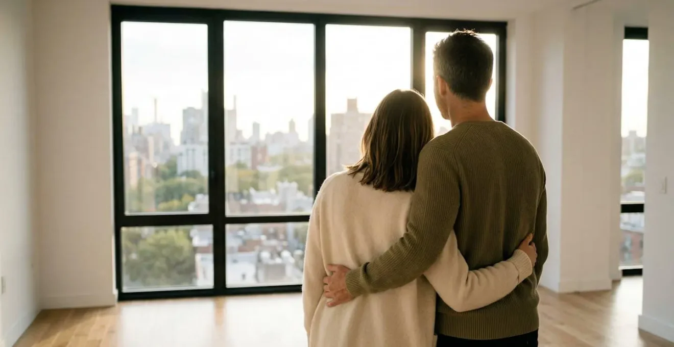 Attestation financement freelance - Couple en visite immobilière appartement lumineux