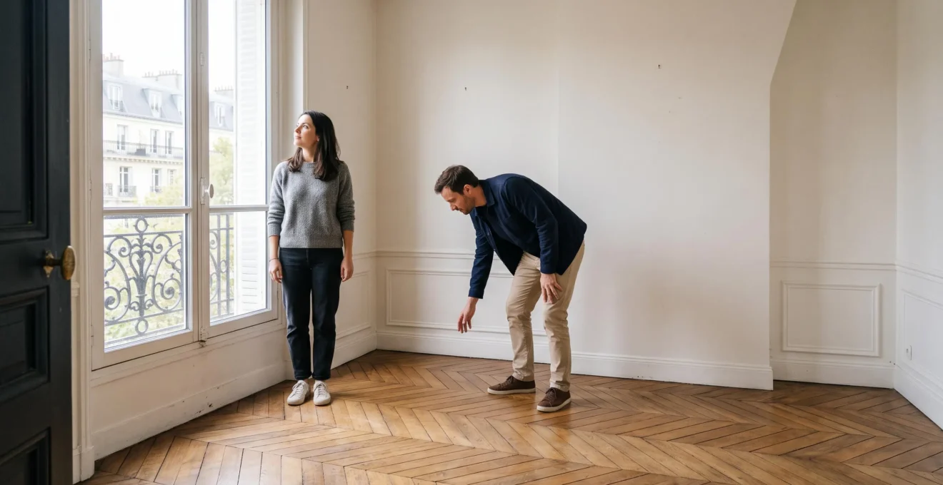 Un couple visite un appartement vide et évalue les pièces lors d'une recherche de bien immobilier en France.