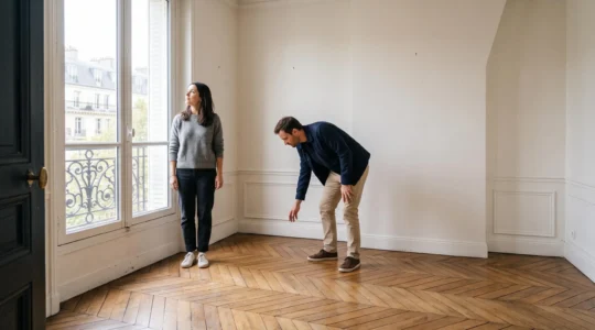 Un couple visite un appartement vide et évalue les pièces lors d'une recherche de bien immobilier en France.
