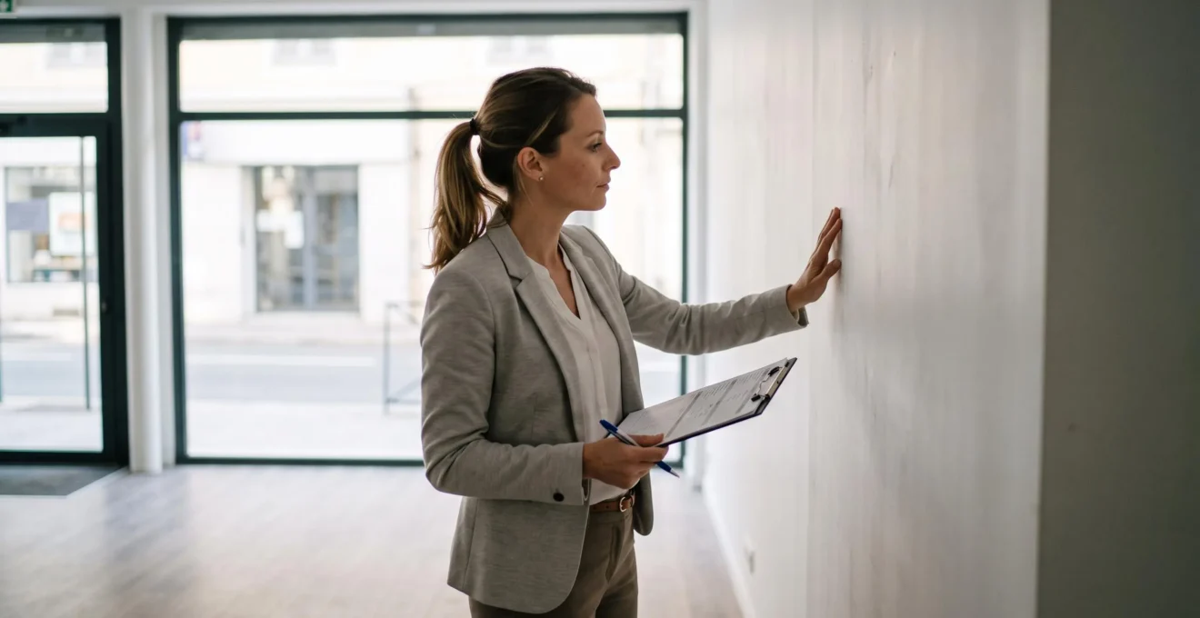 Professionnel de l'immobilier inspectant l'intérieur d'un local commercial vide avec prise de mesures