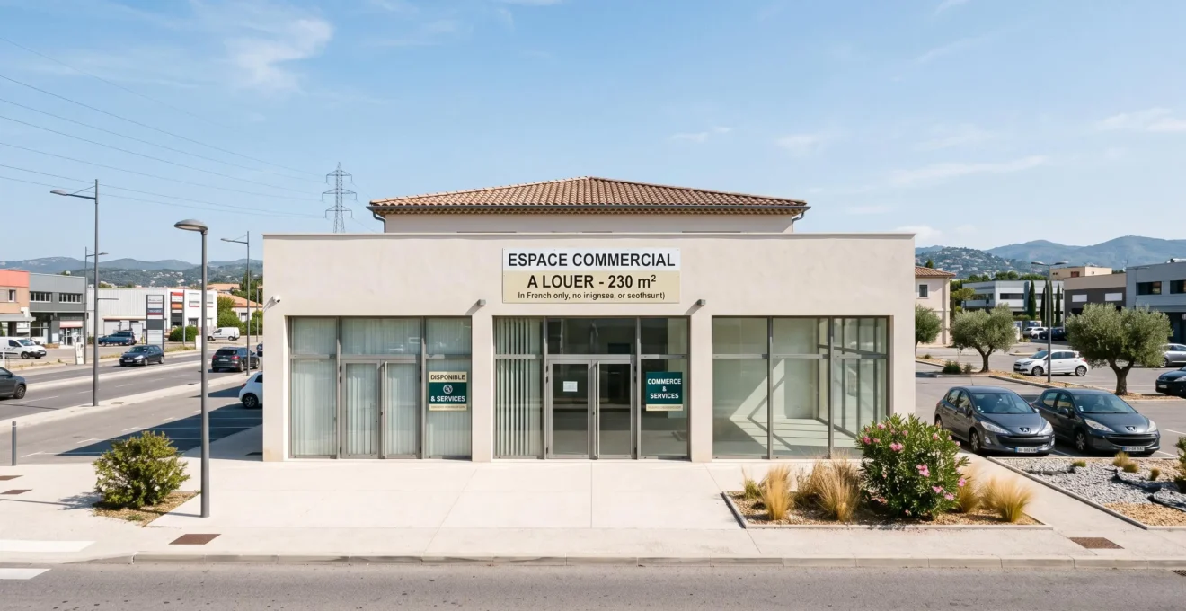 Façade moderne d'un local commercial dans une zone d'activité des Alpes-Maritimes avec vitrine et architecture méditerranéenne