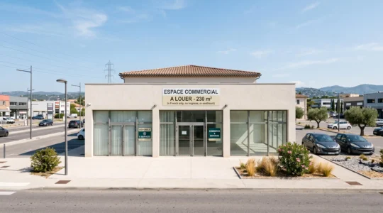 Façade moderne d'un local commercial dans une zone d'activité des Alpes-Maritimes avec vitrine et architecture méditerranéenne