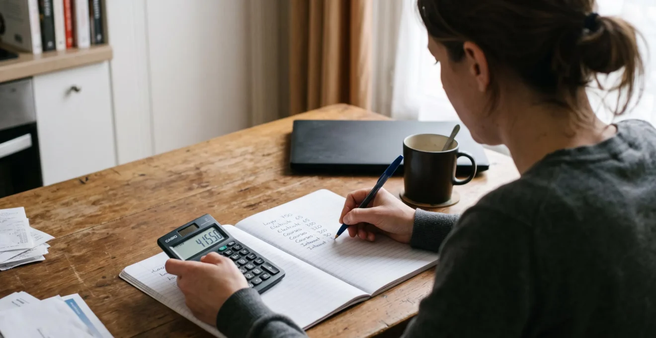 Une personne calcule ses mensualités avec une calculatrice et un carnet à sa table de cuisine.