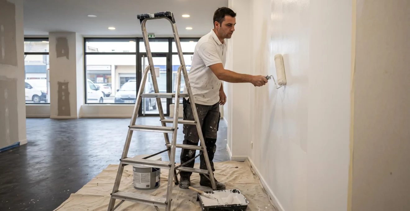 Artisan peintre effectuant des travaux de rénovation intérieure dans un local commercial sur une échelle