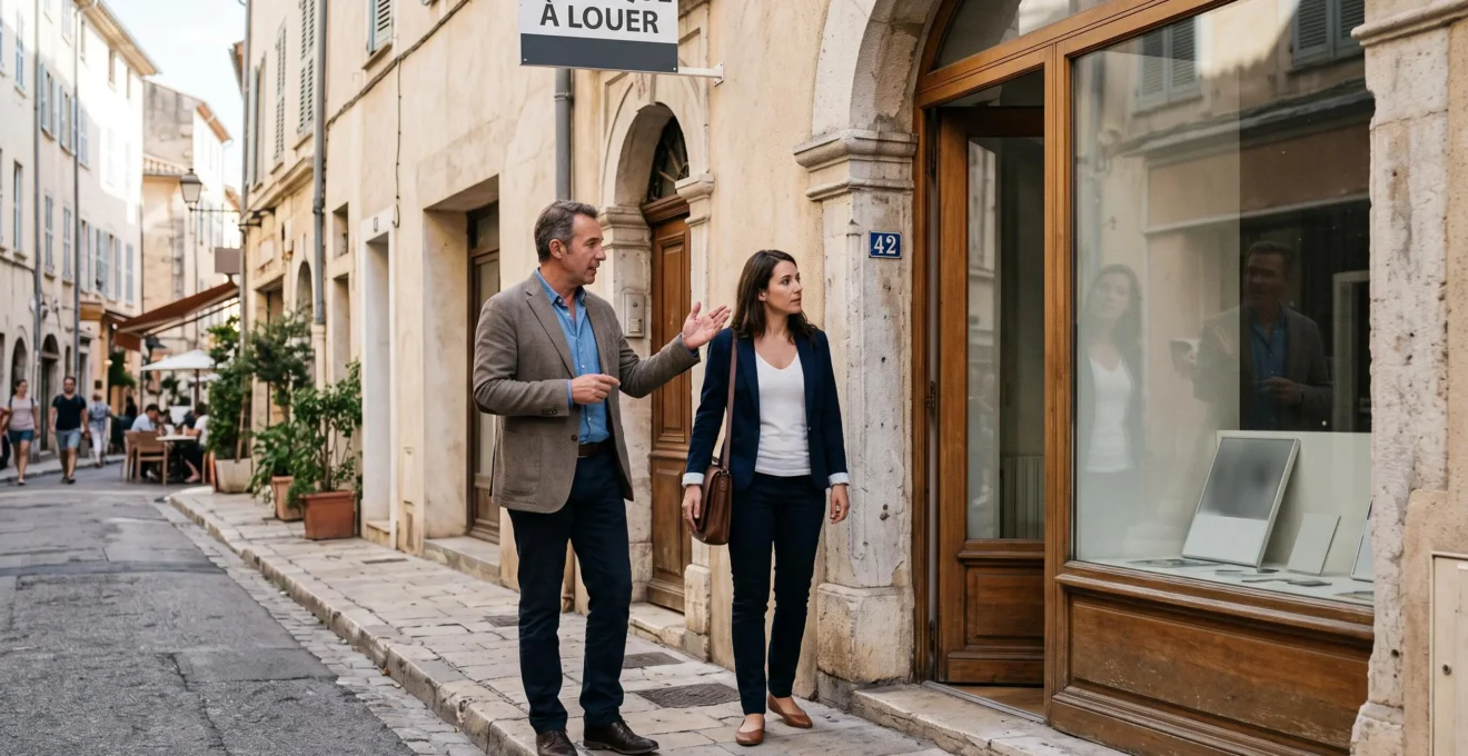Propriétaire et locataire professionnel en discussion devant la façade d'un local commercial lors d'une visite
